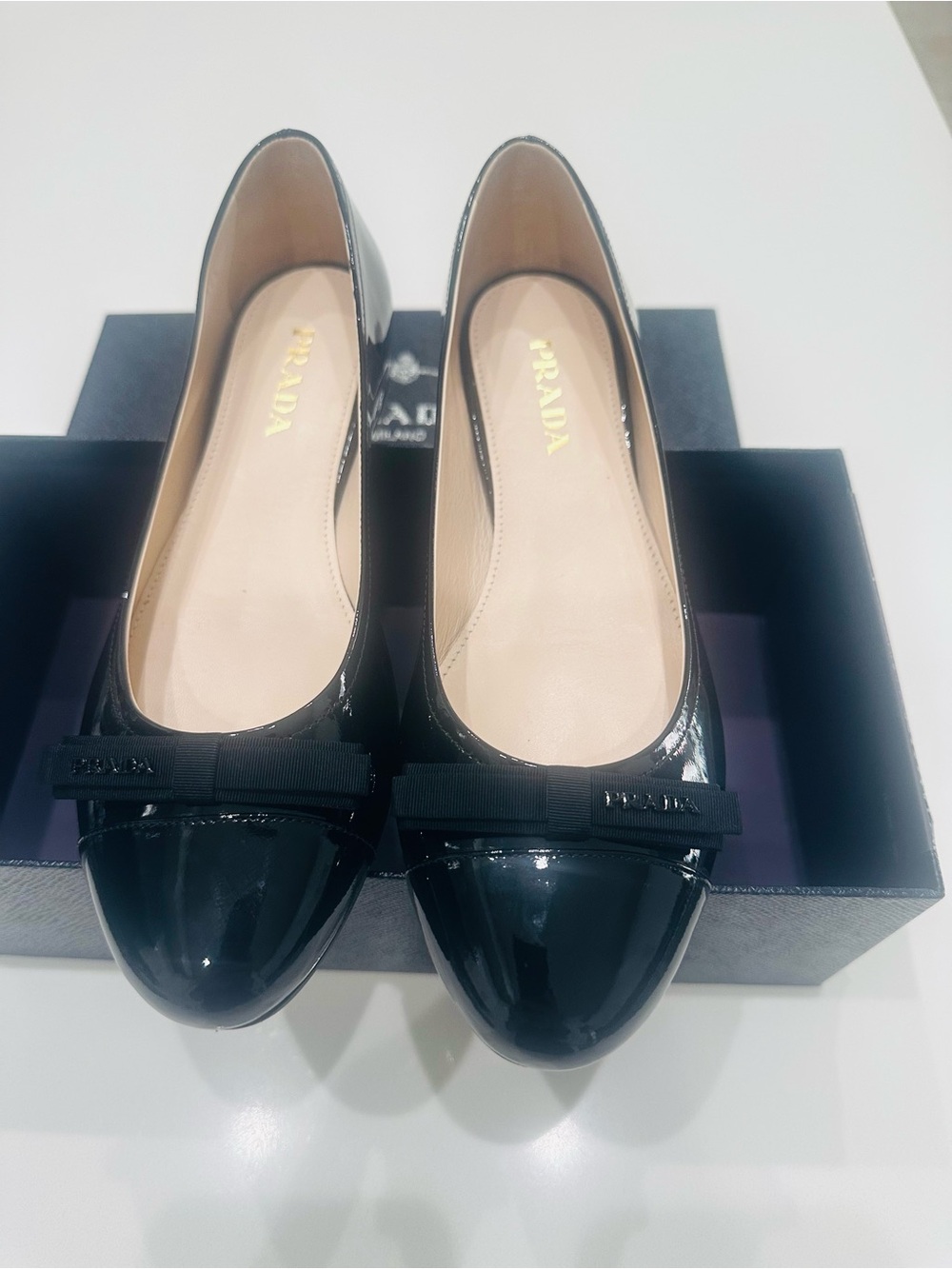 Prada Black Patent Leather Ballet Flats with Grosgrain Bow